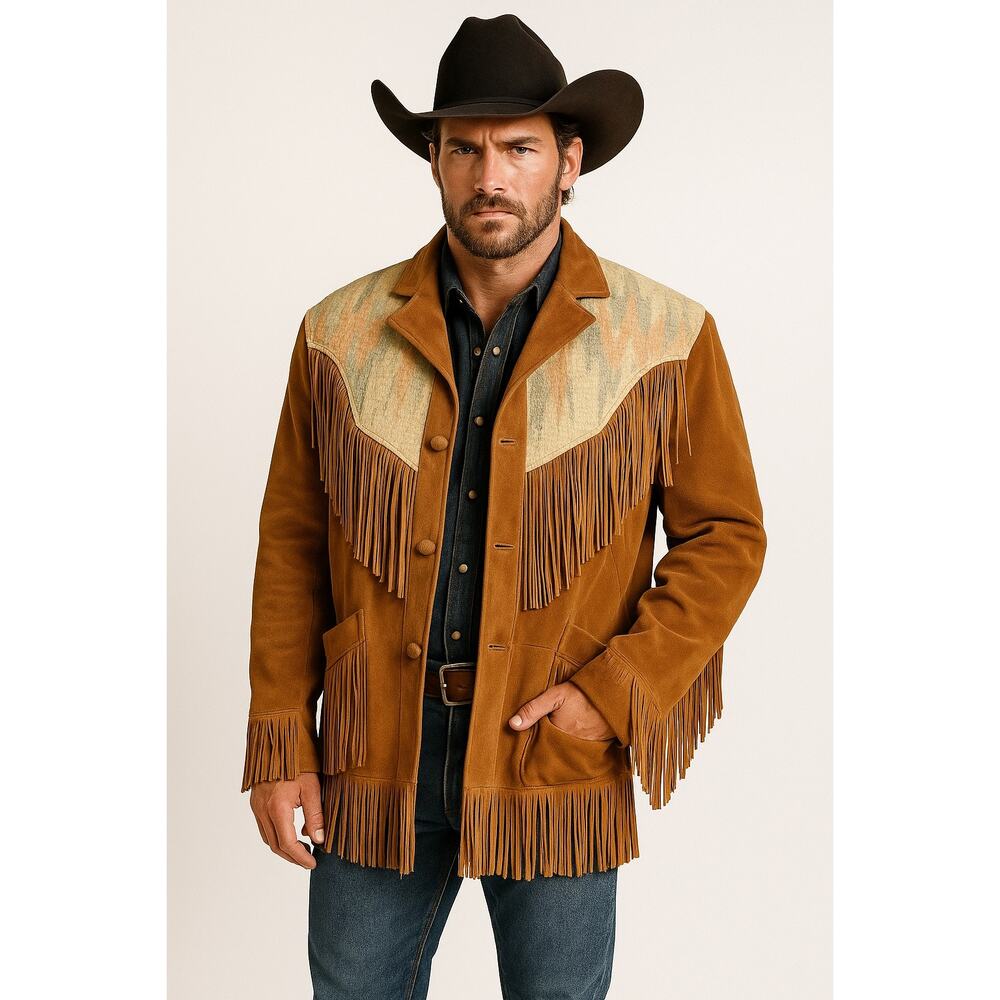 1970s Pioneer Wear USA Suede Fringe Jacket Southwest Wool Yoke Western Coat M-L